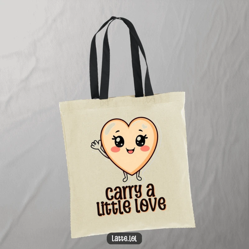 Funny Latte Tote Bag: Cute smiling latte art heart character waving hello, bringing warmth and good vibes.