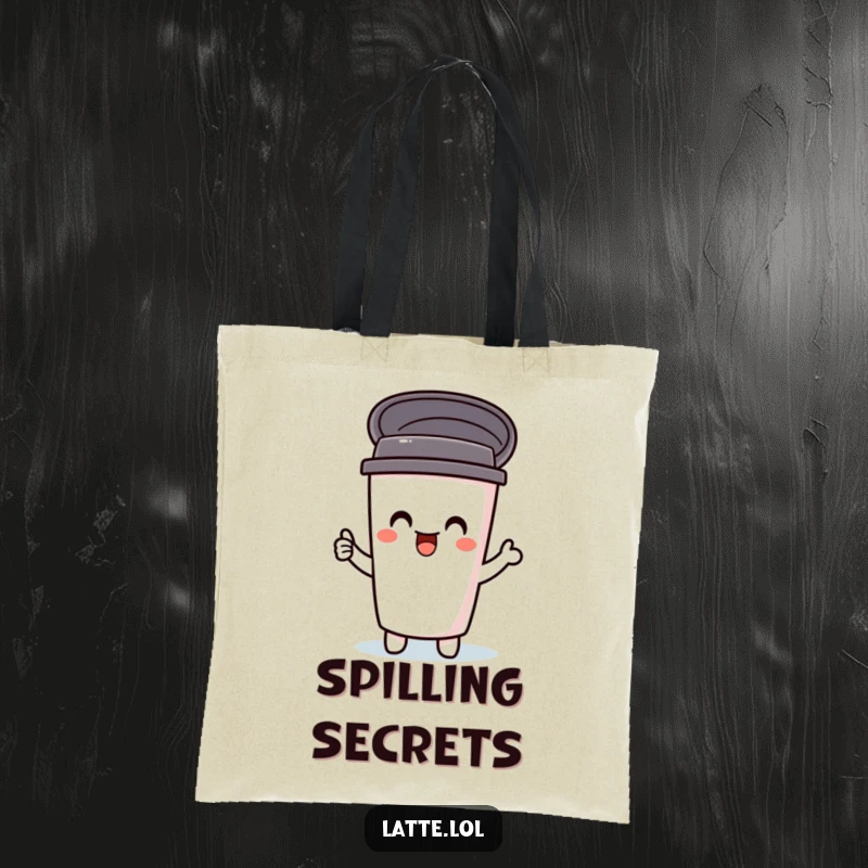 Funny tote bag showcasing a delighted travel mug character, lid popping open with glee. A reusable and humorous accessory.