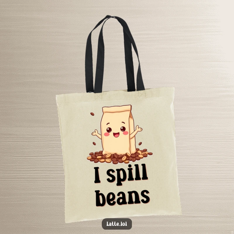 Funny tote bag illustrated with a gleeful coffee bag character, spilling beans with happiness. A humorous and practical accessory.