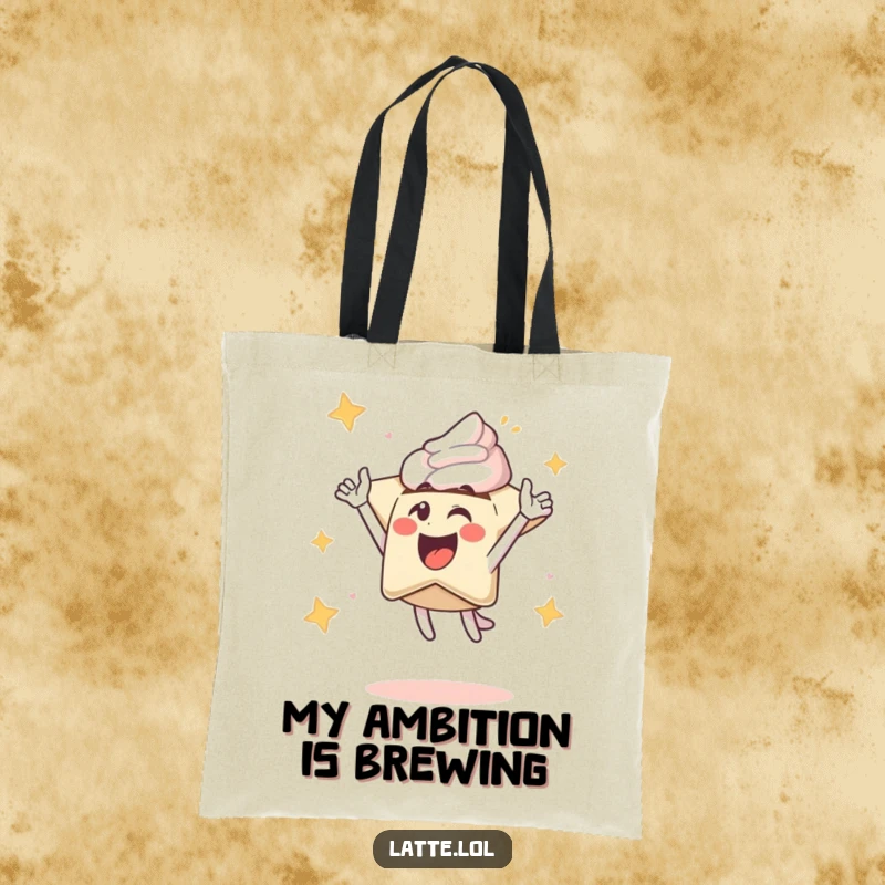 Funny tote bag depicting an excited latte art star character launching skyward, a vibrant symbol of energetic daily life.