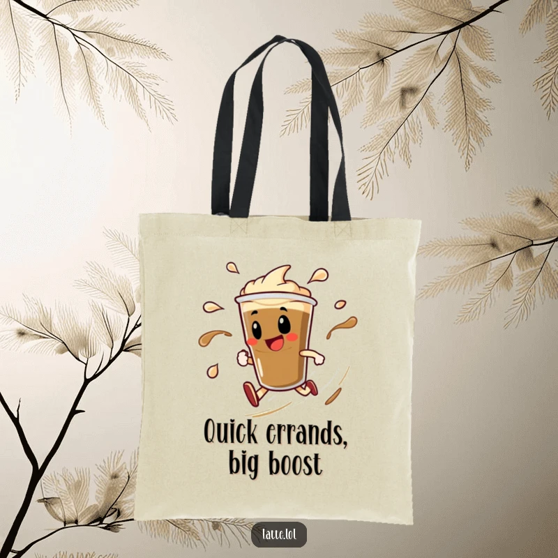 Funny tote bag featuring a delighted espresso shot character doing a speedy spin with dynamic liquid trails. Great for carrying essentials.